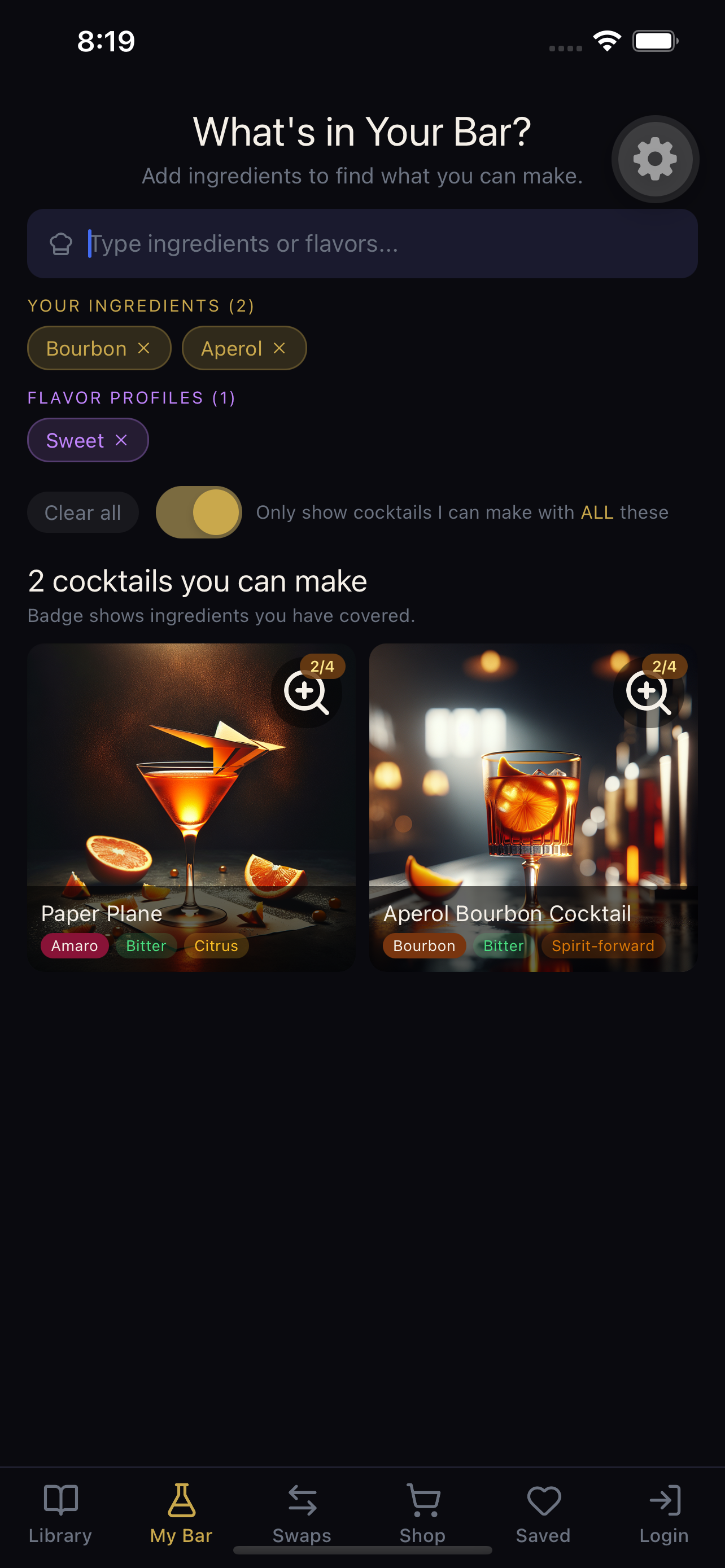 Spirit Library — My Bar ingredient matching